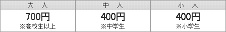 大人（高校生以上）500円　｜　中人（中学生）200円　｜　小人（小学生）200円