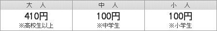 大人（高校生以上）400円　｜　中人（中学生）100円　｜　小人（小学生）100円